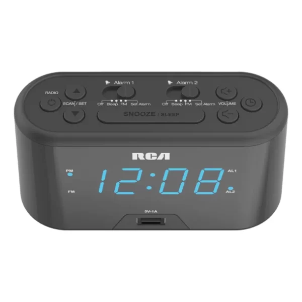RCA Digital Radio Alarm Clock with Large Numbers and USB Charging - Image 2