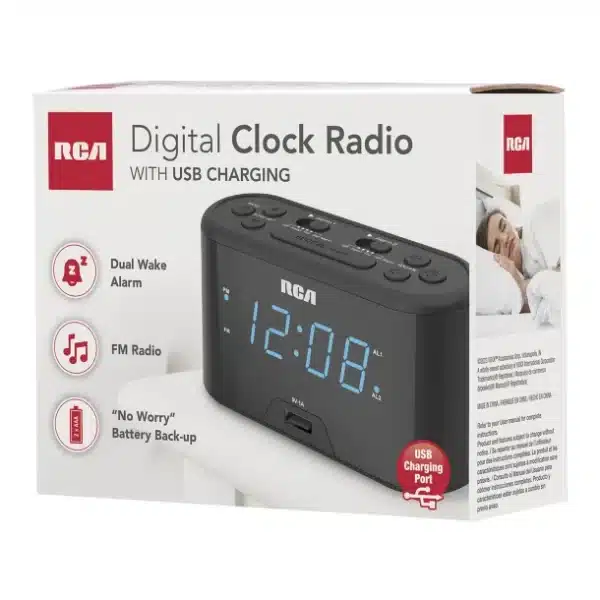 RCA Digital Radio Alarm Clock with Large Numbers and USB Charging - Image 3