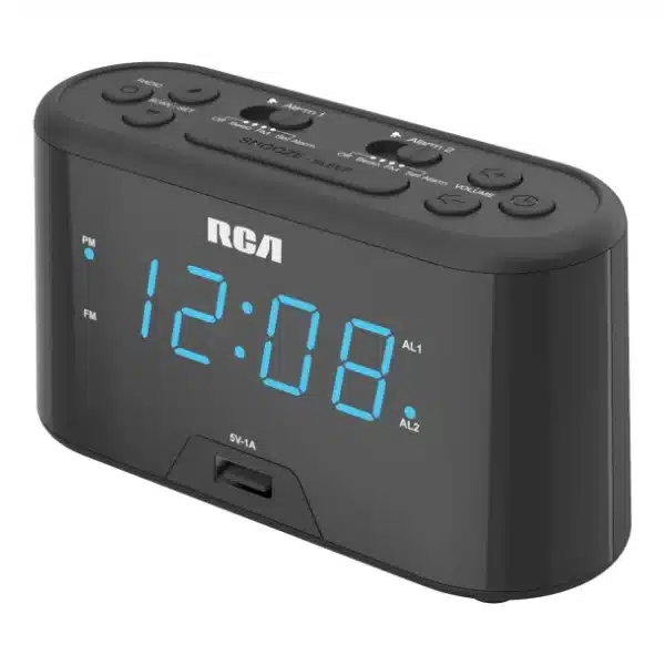 RCA Digital Radio Alarm Clock with Large Numbers and USB Charging