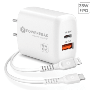 PowerPeak 35W Dual Port PD Fast Charge Wall Charger with USB-C to Lightning Cable