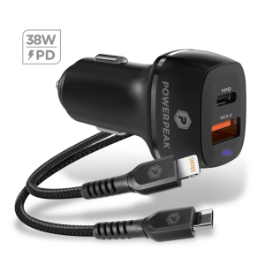 PowerPeak 38W Dual Port Fast Charge PD Car Charger with USB-C to Lightning Cable (Black)
