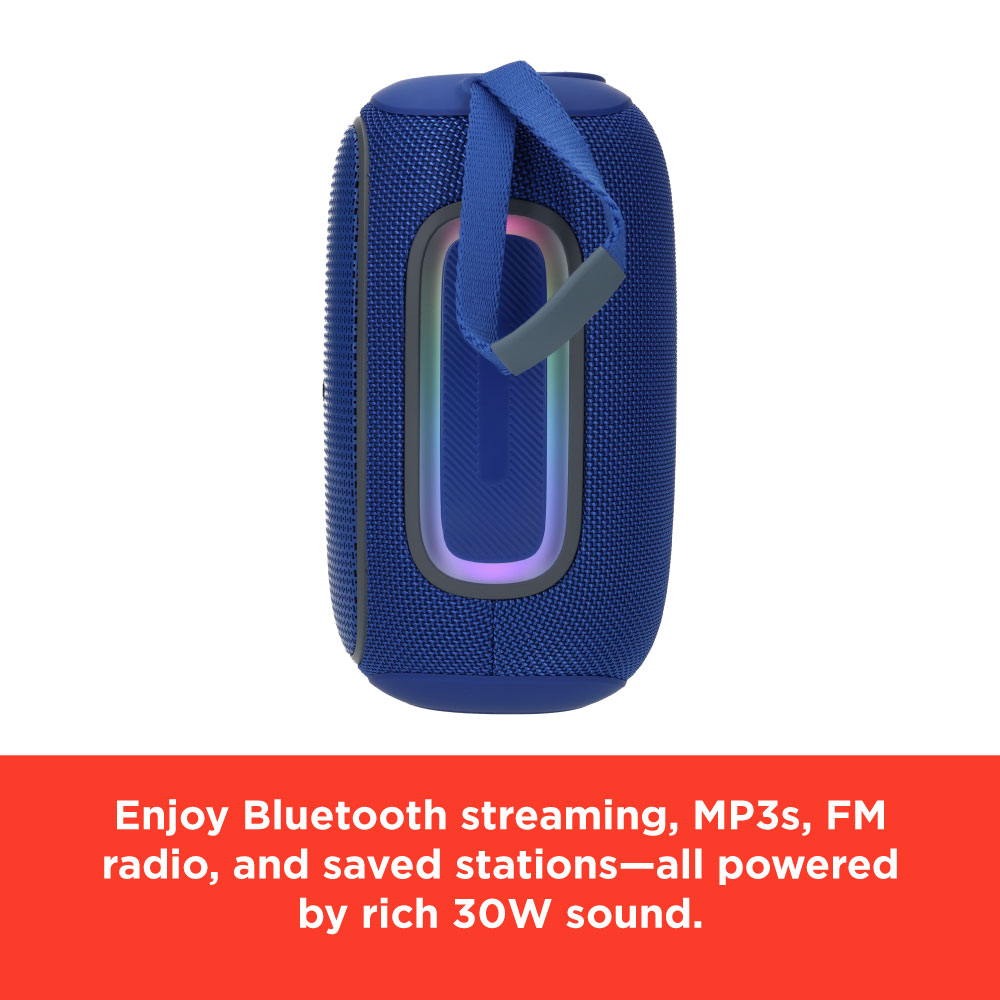 RadioShack 30W Bluetooth Speaker with RGB Lights, FM Radio, TWS & IPX5 Waterproof – Blue/Gray (Model 4001780) - Image 5
