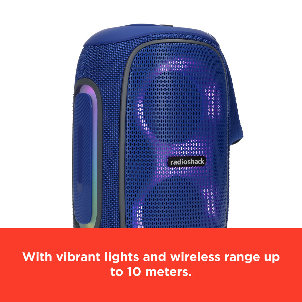 RadioShack 30W Bluetooth Speaker with RGB Lights, FM Radio, TWS & IPX5 Waterproof – Blue/Gray (Model 4001780) - Image 7
